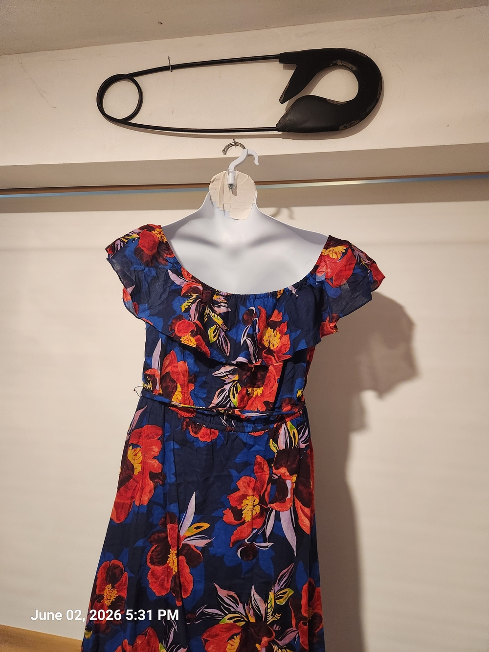 Floral Off-Shoulder Midi Dress - Grace Element Navy with Red Floral Print - Picture 3 of 5